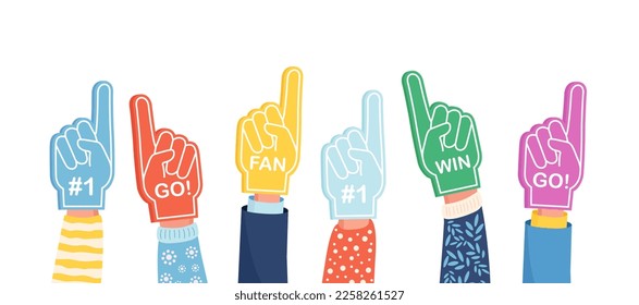 Set of colorful foam hand. Cheering Sports Fans. Fan foam fingers for show support for a team on championship game. Encouragement symbol. Number one and best