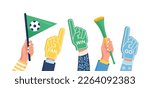 Set of colorful foam hand, flags, trumpet. Cheering Sports Fans. Fan foam fingers for show support for a team on championship game. Encouragement symbol. Number one and best