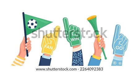 Set of colorful foam hand, flags, trumpet. Cheering Sports Fans. Fan foam fingers for show support for a team on championship game. Encouragement symbol. Number one and best