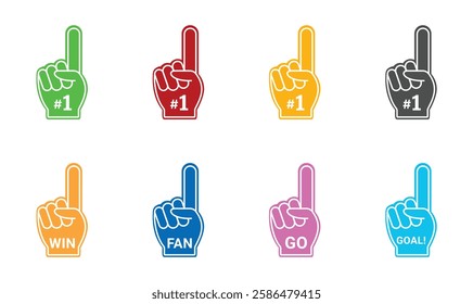 Set of colorful foam hands, perfect for cheering sports fans. Foam fingers show support for a team during a championship game. Symbols of encouragement, with "number one" and "best" designs.