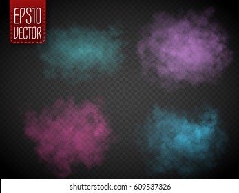 Set of colorful fog or smoke isolated, transparent special effect. Bright vector cloudiness, mist or smog background. Vector illustration