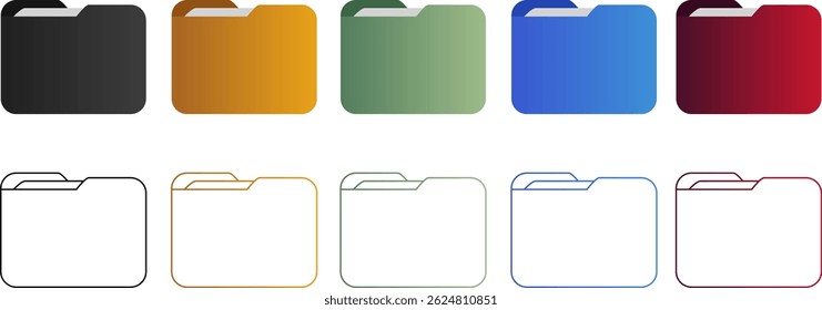 Set of colorful folder icons with flat and outline style on white background
