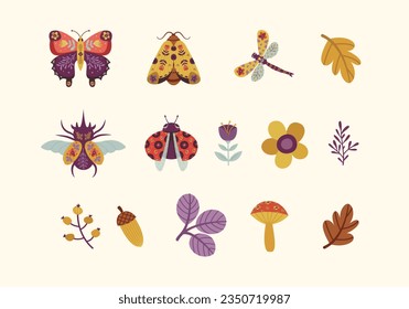 Set of Colorful Folk Insect and Flower