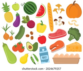 Set of colorful food elements. Bakery, meat, fish, fruits and vegetables. Healthy fresh nutrition. Grocery set. Natural organic and healthy food. Grocery store collection. Supermarket food elements.