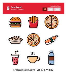 Set of Colorful Food Icon Illustrations Featuring Fast Food and Beverages