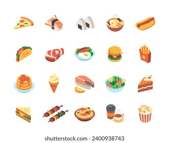 Conjunto de coloridos íconos de comida. Pegatinas de comida para llevar. Perro caliente, patatas fritas, tacos, sándwich, sushi y café. Diseñar para la aplicación o el menú. Colección vectorial isométrica de dibujos animados aislada en fondo blanco