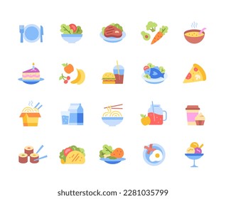 Set of colorful food icons. Collection of dishes. Ice cream ball, fruit, soup with vegetables. Fish and chicken, sandwich, bacon and egg. Cartoon flat vector illustrations isolated on white background