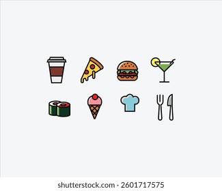 A set of colorful food icons featuring coffee, pizza, burger, sushi, ice cream, cocktail, chef hat, and cutlery. Perfect for branding, apps, websites, and design projects. Fully editable vector file.