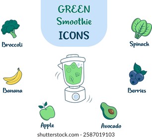 Set of colorful food icons, Smoothie vector icon, Blender, green vegetables fruits, diet, Healthy