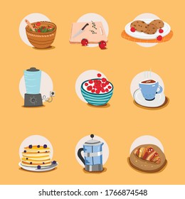 Set of colorful food icons. Tasty lunch.   Isolated vector cartoon icons. Bakery, dairy food, berries and vegetables. Tea and coffee icons
