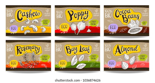 Set colorful food labels, sketch style, food spices cardboard texture. Cashew, poppy, cocoa beans, almond, bay leaf, rosemary. Spices labels, eco bio food, organic product. Hand drawn vector 