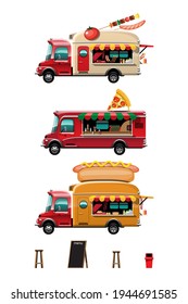 Set of colorful of food truck with mock up on mobile delivery food street on white background, vector illustration