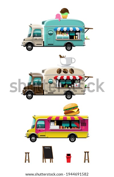 Set of\
colorful of food truck with mock up on mobile delivery food street\
on white background, vector\
illustration