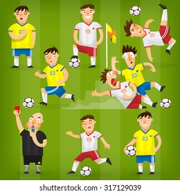 Set of colorful football players on different positions playing soccer on a green field