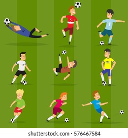 Set of colorful football players on different positions playing soccer on a green field. vector illustration in flat style.