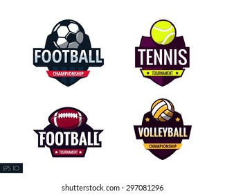 Set of colorful football, tennis, american football and volleyball sports logo labels. Vector illustration.