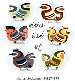 set of colorful forest birds couples on white