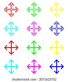 Conjunto de flecha colorida de cuatro direcciones. Icono de flecha de cuatro lados símbolo de signo vectorial aislado para el proyecto. Diseño plano. Icono del vector sobre fondo blanco