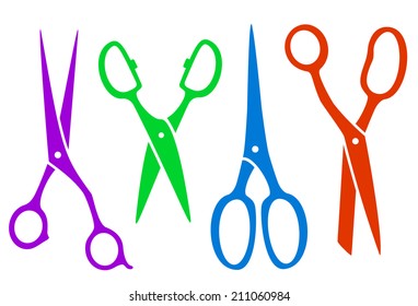 set colorful four scissors for barbershop, tailor or other purposes
