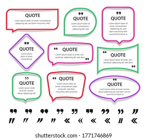 Conjunto de cuadros de texto y comillas de marcos coloridos, plantilla en blanco con el lugar para el texto