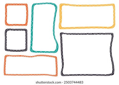Set of colorful frames drawn with brush. Flat abstract shapes with texture. Vector illustration.