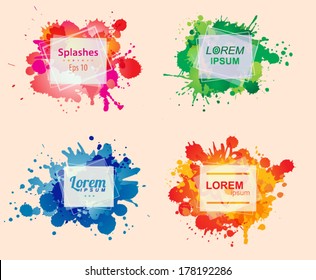 Set of colorful frames with ink splashes. Vector template of splatter paint with place for text