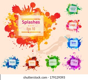 Set Of Colorful Frames With Ink Splashes. Vector Template Of Splatter Paint With Place For Text