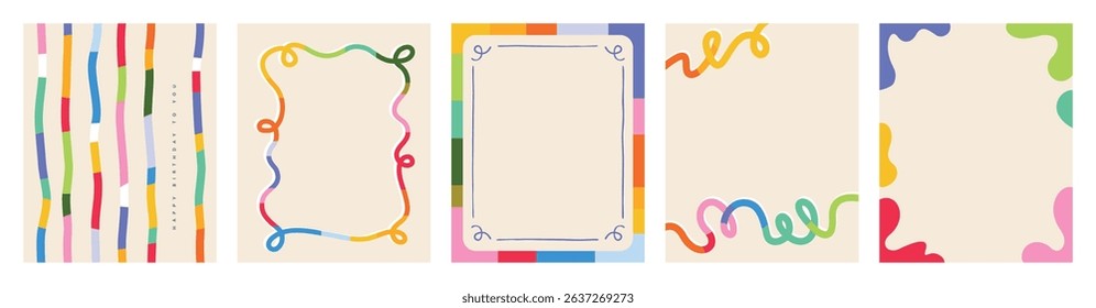 Set of colorful frames template with doodle lines, geometric and pattern background. Trendy vector template for greeting card, invitation, cover, poster, social media.