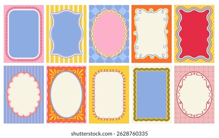 Conjunto de quadros coloridos com bordas onduladas. Ornamentos, padrões. Rabiscar, bordas retrô bonitinhas. Projeto para cartão, convite, capa, embalagem. 