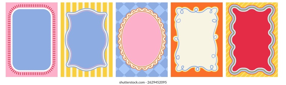 Set of colorful frames with wavy edges. Ornaments, patterns. Doodle, cute retro borders. Design for card, invitation, cover, packaging.