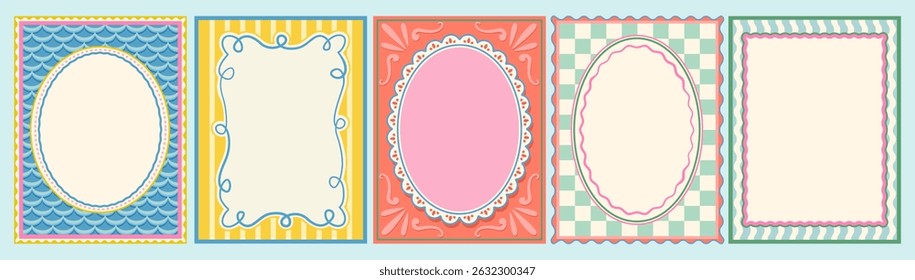 Set of colorful frames with wavy edges. Ornaments, patterns. Doodle, cute retro borders. Design for card, invitation, cover, packaging. La dolce vita style.