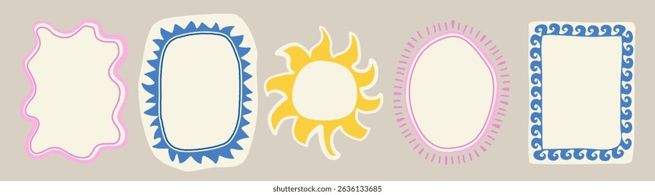 Set of colorful frames with wavy edges. Ornaments, patterns. Doodle, cute retro borders. Design for card, invitation, cover, packaging. La dolce vita style.