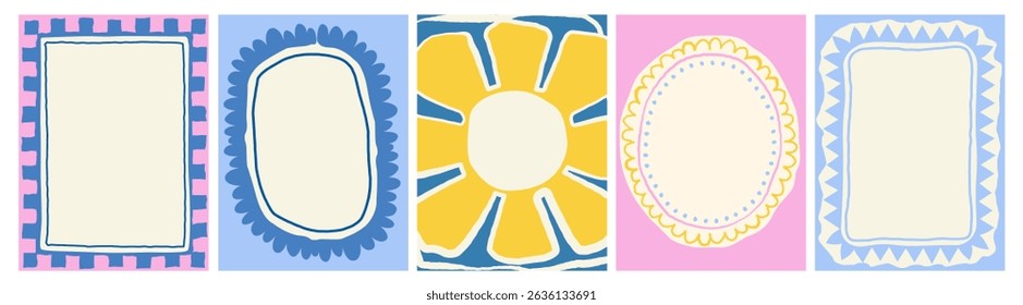 Conjunto de quadros coloridos com bordas onduladas. Ornamentos, padrões. Rabiscar, bordas retrô bonitinhas. Projeto para cartão, convite, capa, embalagem. Estilo La dolce vita.