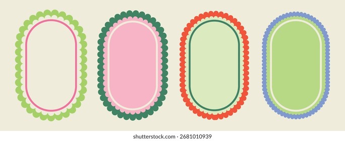 Conjunto de marcos de colores con bordes ondulados.  Borde geométrico de bordes de vieira. Fondo rayado y marco ovalado para invitaciones, tarjetas, Anuncios, cuadros de texto.