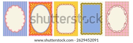 Set of colorful frames with wavy edges. Ornaments, patterns. Doodle, cute retro borders. Design for card, invitation, cover, packaging.