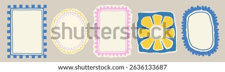 Set of colorful frames with wavy edges. Ornaments, patterns. Doodle, cute retro borders. Design for card, invitation, cover, packaging. La dolce vita style.