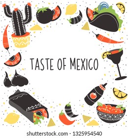 Set of colorful freehand Mexican food elements: burrito, taco, margarita, lemon, cactus, tomato, salsa, sauce, garlic, pepper. Hand drawn food for restaurant menu, banner, flyer, print design.