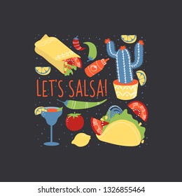 Set of colorful freehand Mexican food elements: burrito, taco, margarita, lemon, cactus, tomato. Hand drawn food for restaurant menu, banner, flyer, print design.