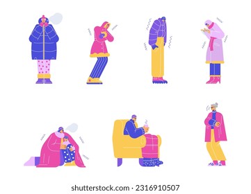 Set of colorful freezing people flat style, vector illustration isolated on white background. Shivering with cold characters at home and outdoor, breathing, weather, design elements collection