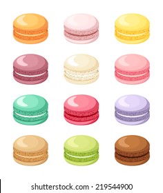 Set of colorful French macaroon cookies isolated on white. Vector illustration.