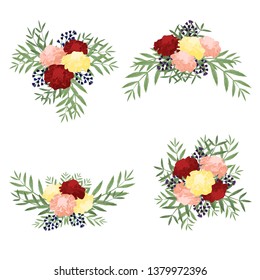 Set of colorful french marigold flower bouquet with greenery