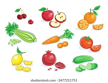 Set of colorful fresh fruits and vegetables. Whole and cut into pieces. Picture in line style. Dark outline with colored spots. Isolated on white background. Vector flat illustration.