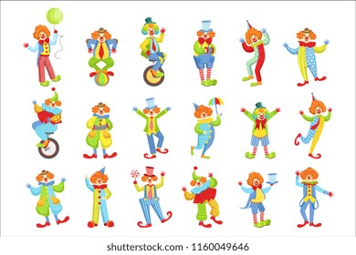 Set Of Colorful Friendly Clowns In Classic Outfits