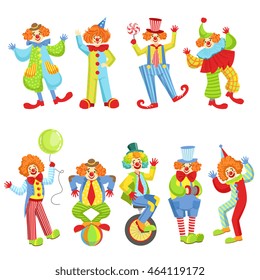 Set Of Colorful Friendly Clowns In Classic Outfits