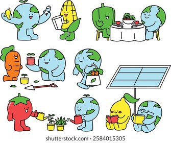 A set of colorful and friendly illustrations featuring a cheerful Earth character with vegetable companions, engaging in various eco-friendly activities like recycling, gardening, and sustainability a
