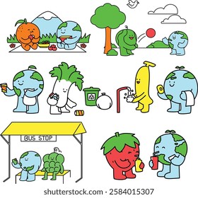 A set of colorful and friendly illustrations featuring a cheerful Earth character with vegetable companions, engaging in various eco-friendly activities like recycling, gardening, and sustainability a