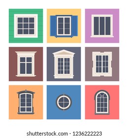 Set of colorful front windows for homes and buildings. Vector illustration  isolated on white background