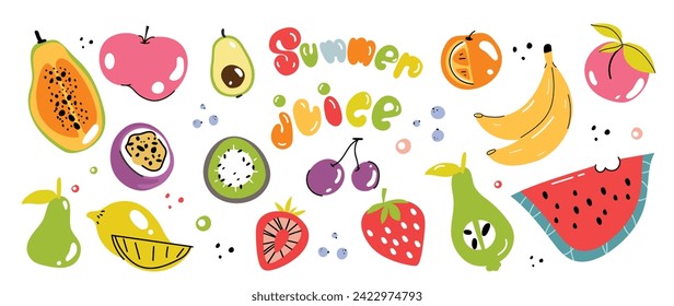 Set of colorful fruit element vector. Different fresh fruit design of apple, strawberry, banana, orange, papaya with hand drawn pattern. Illustration for branding, sticker, fabric, clipart, ads.