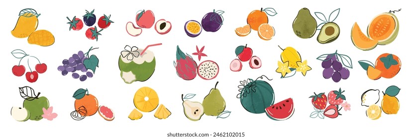 Set of colorful fruit element vector. Different fresh fruit design of apple, strawberry, mango, dragon fruit, coconut with hand drawn pattern. Illustration for branding, sticker, fabric, clipart, ads.