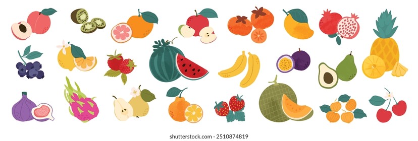 Conjunto de vetor de elemento de fruta colorido. Diferente design de frutas frescas de maçã, morango, manga, fruta de dragão, melão com padrão desenhado à mão. Ilustração para marca, adesivo, tecido, clipart, anúncios.